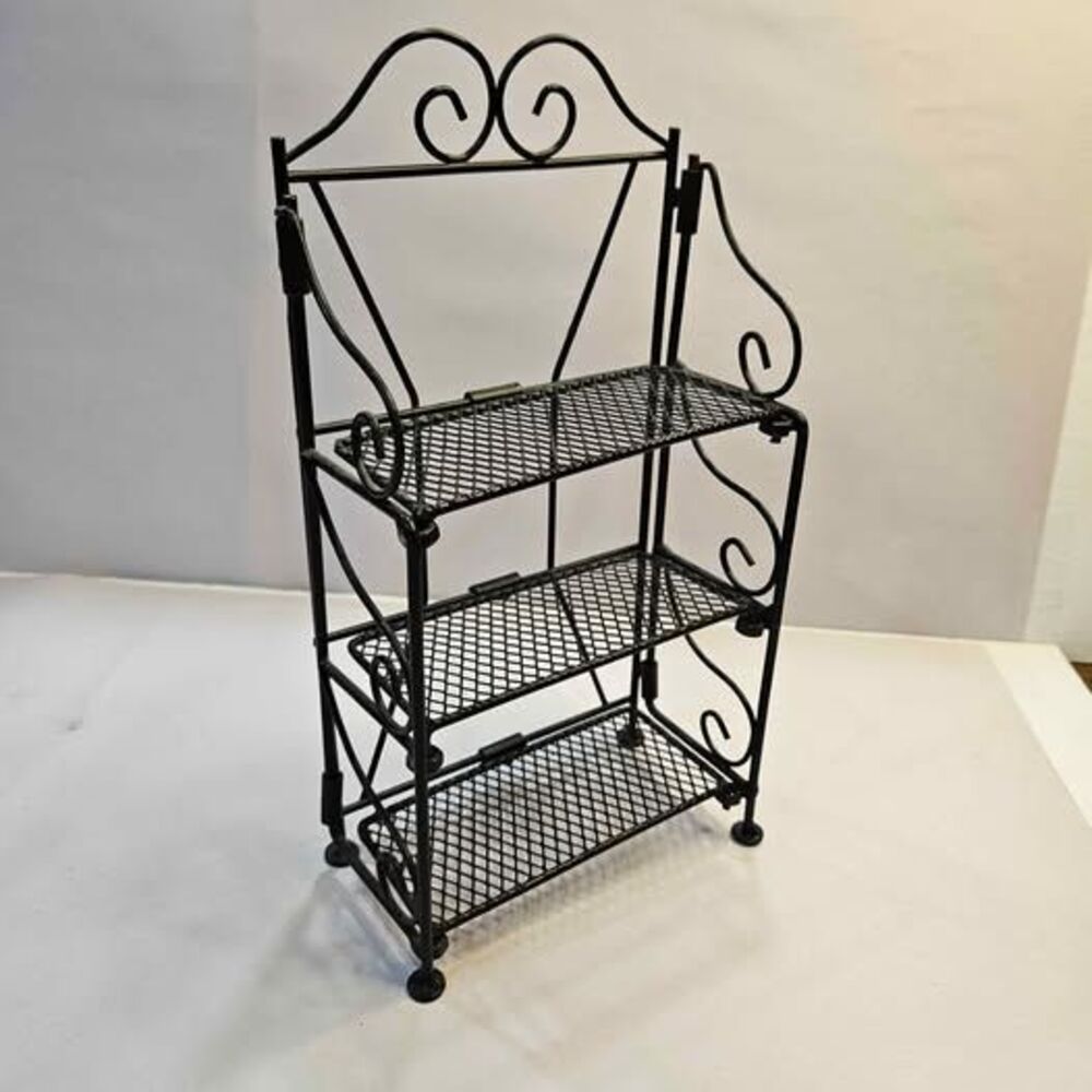 Miniature Black Metal 3-Tier Scrollwork Baker's Rack